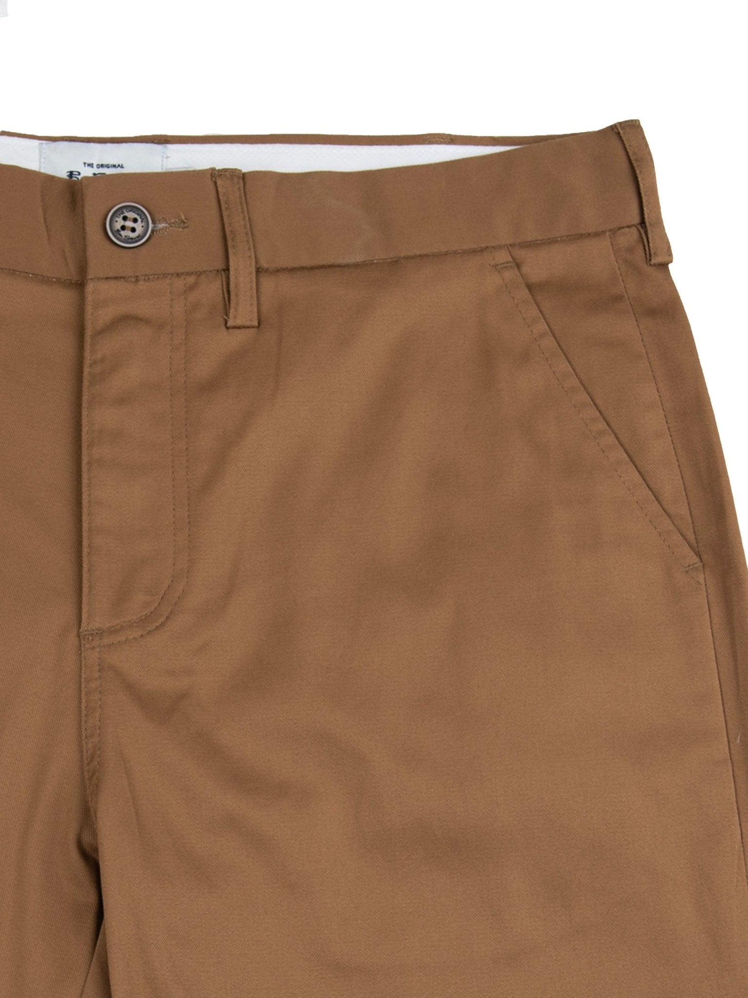 Ben Sherman Signature Chino Shorts Camel - Close-Up of Waistband, Button Closure and Premium Cotton Canvas Fabric Detail