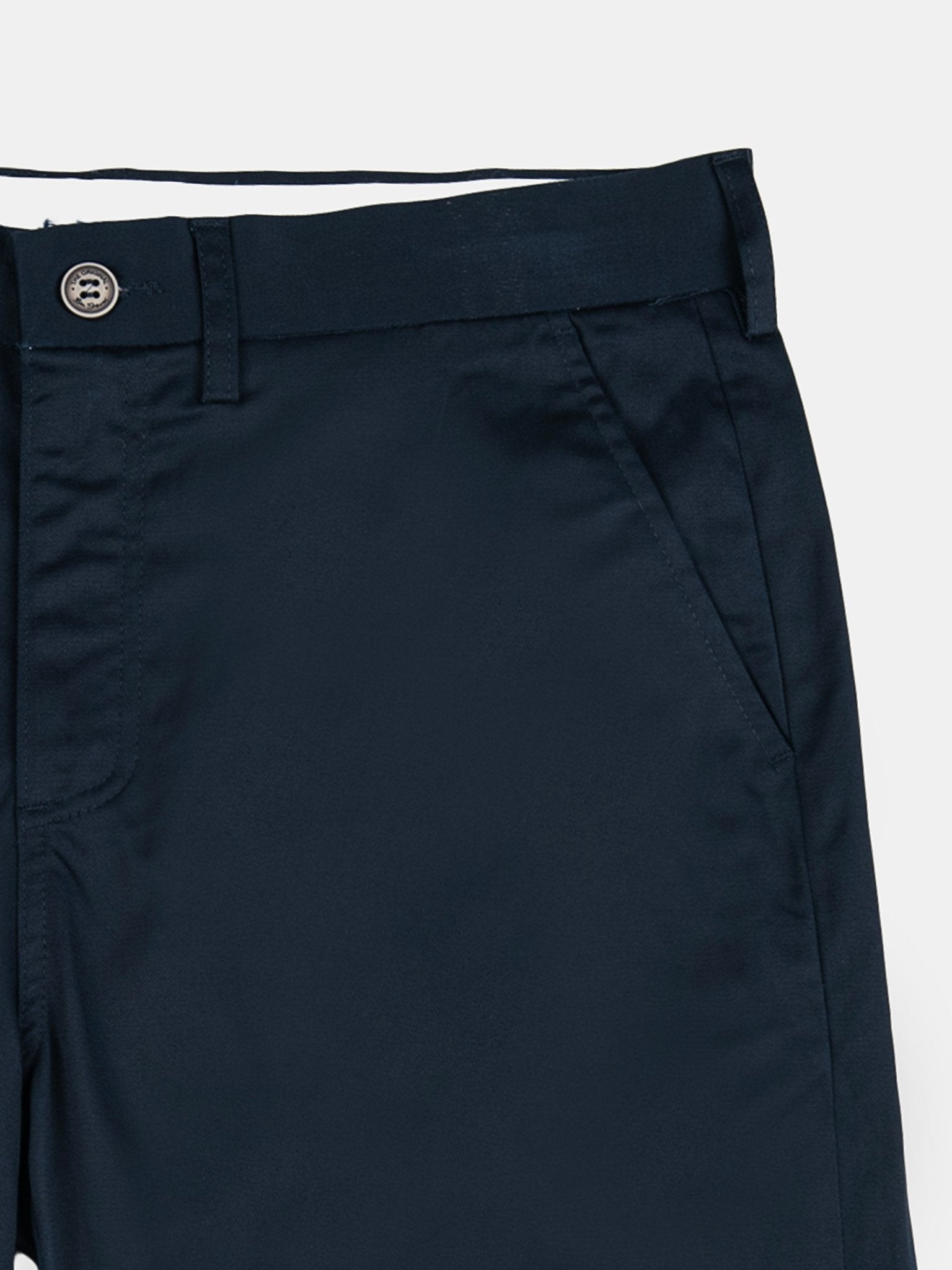 Ben Sherman Signature Chino Shorts Navy - Close-Up of Waistband, Button Closure and Premium Cotton Canvas Fabric Detail