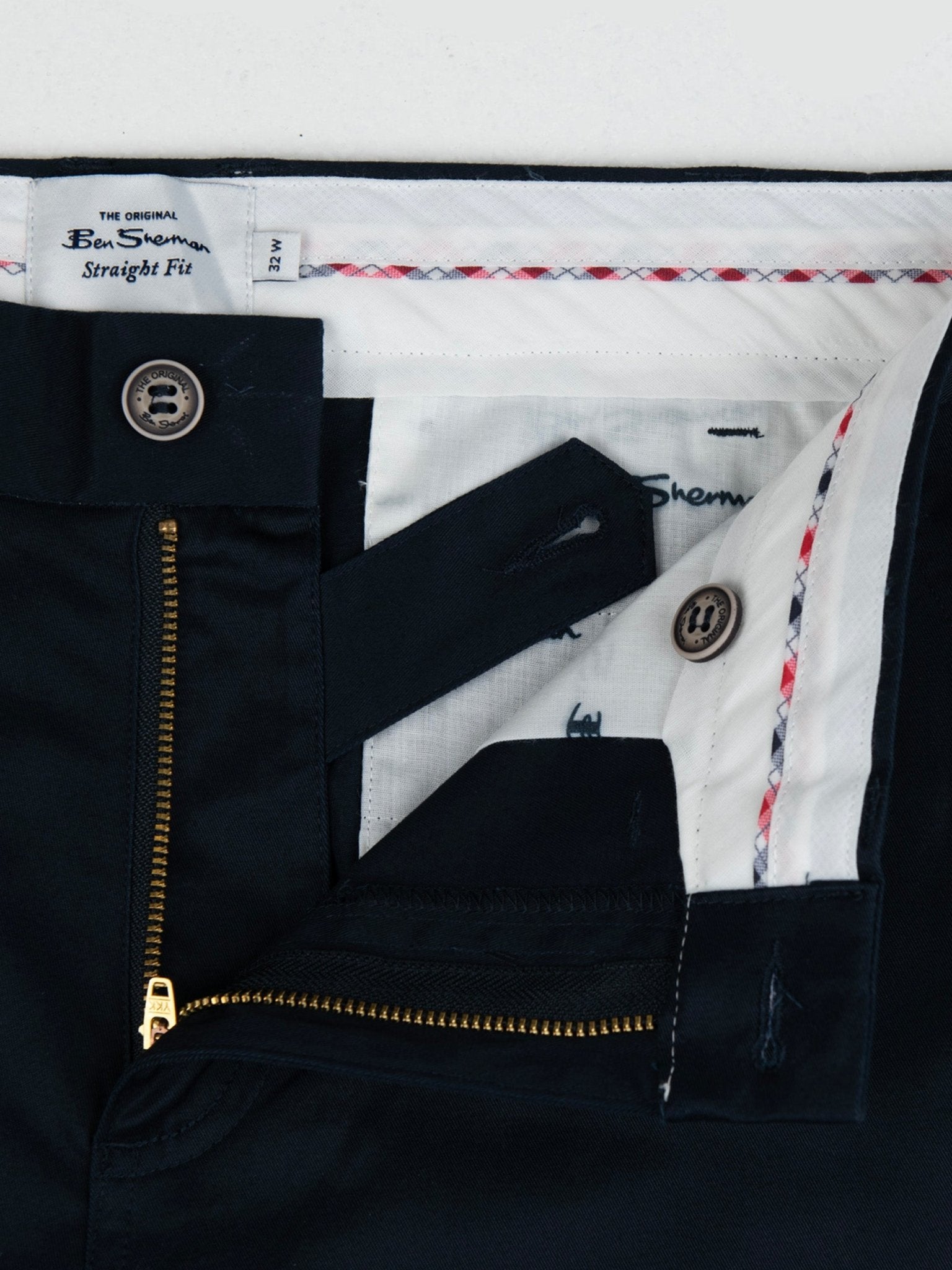 Ben Sherman Straight Fit Chino Pants Navy - Interior Detail with Zip and Button