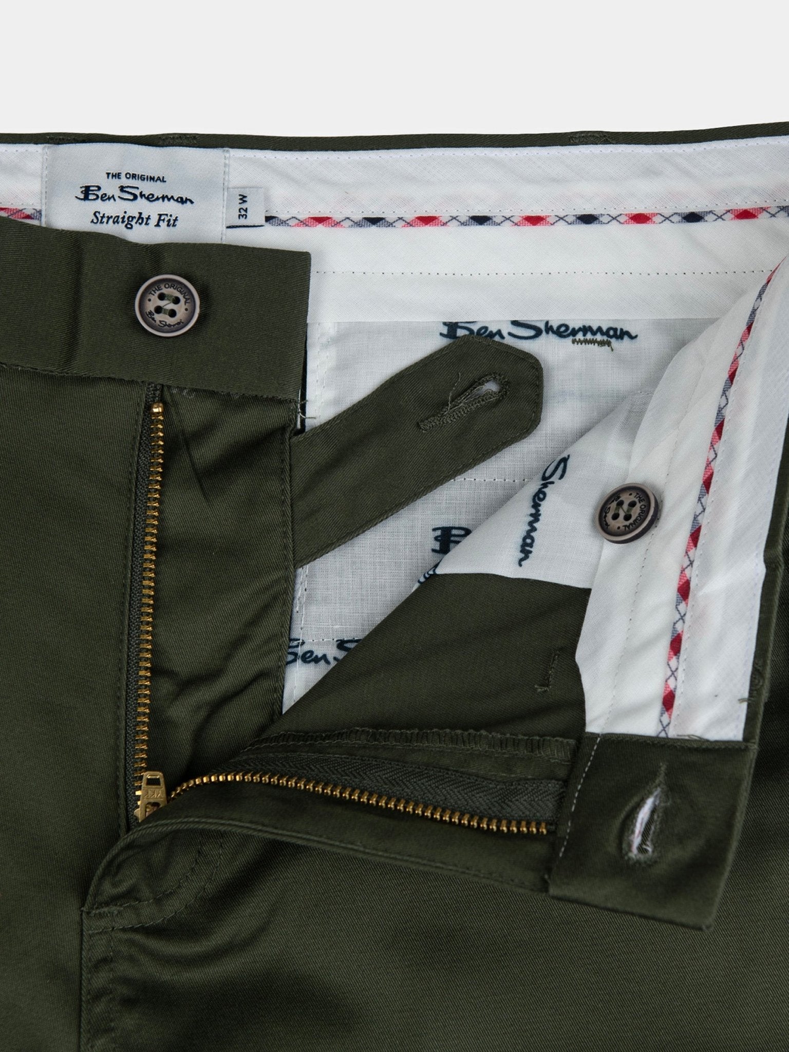 Ben Sherman Men's Straight Fit Chino Pants in Olive - Detail View of Button, Zip Fly and Brand Label
