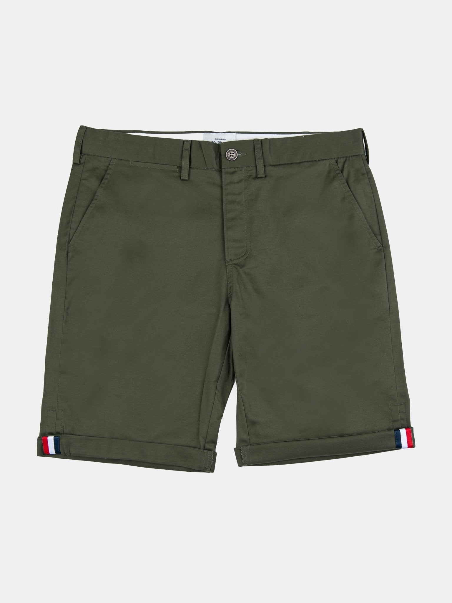 Ben Sherman Signature Chino Shorts in Olive - Men's Cotton Shorts with Button Fly and Striped Turn-Up Cuffs