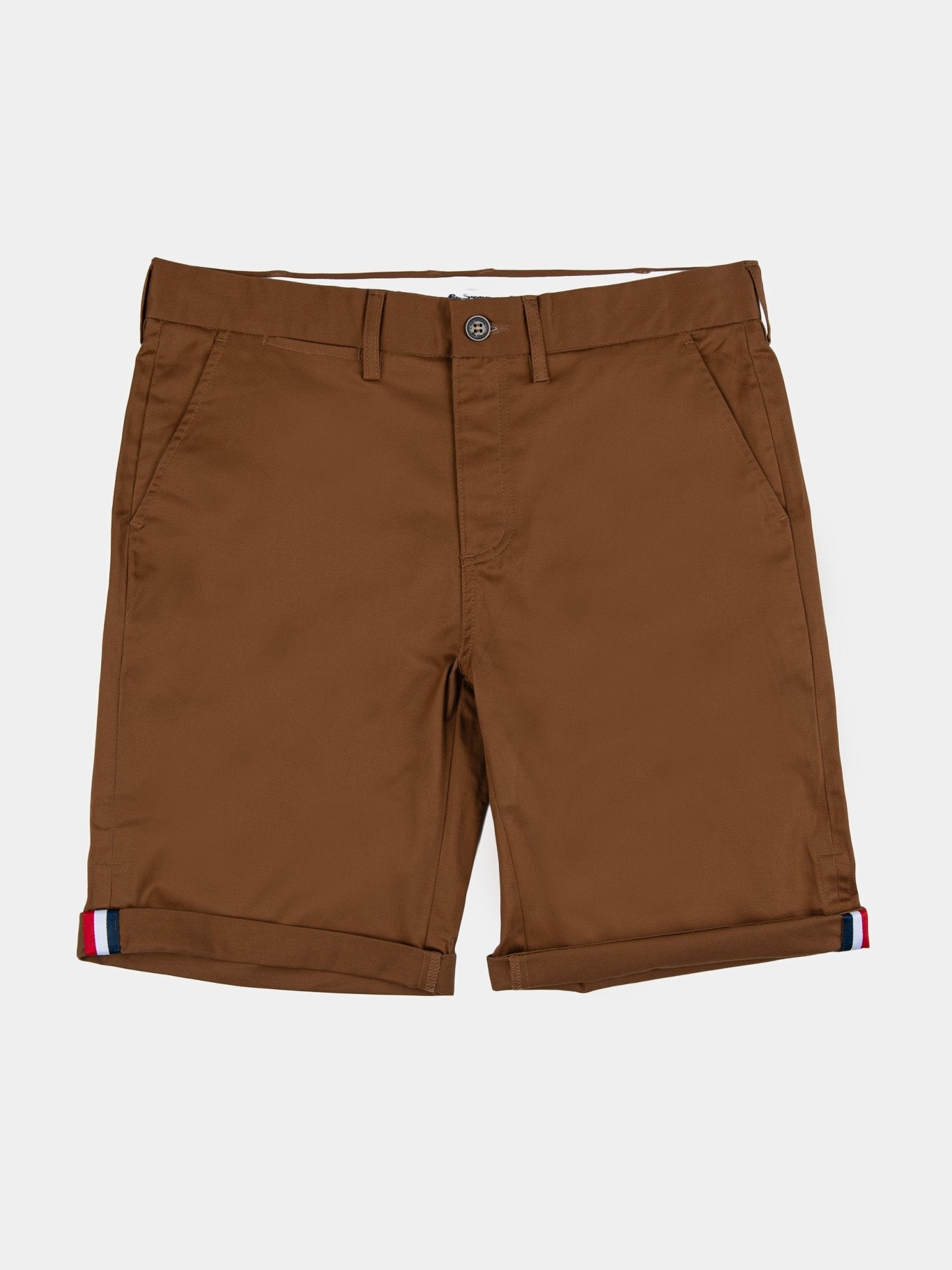 Ben Sherman Signature Chino Shorts in Walnut - Men's Cotton Shorts with Button Fly and Striped Turn-Up Cuffs