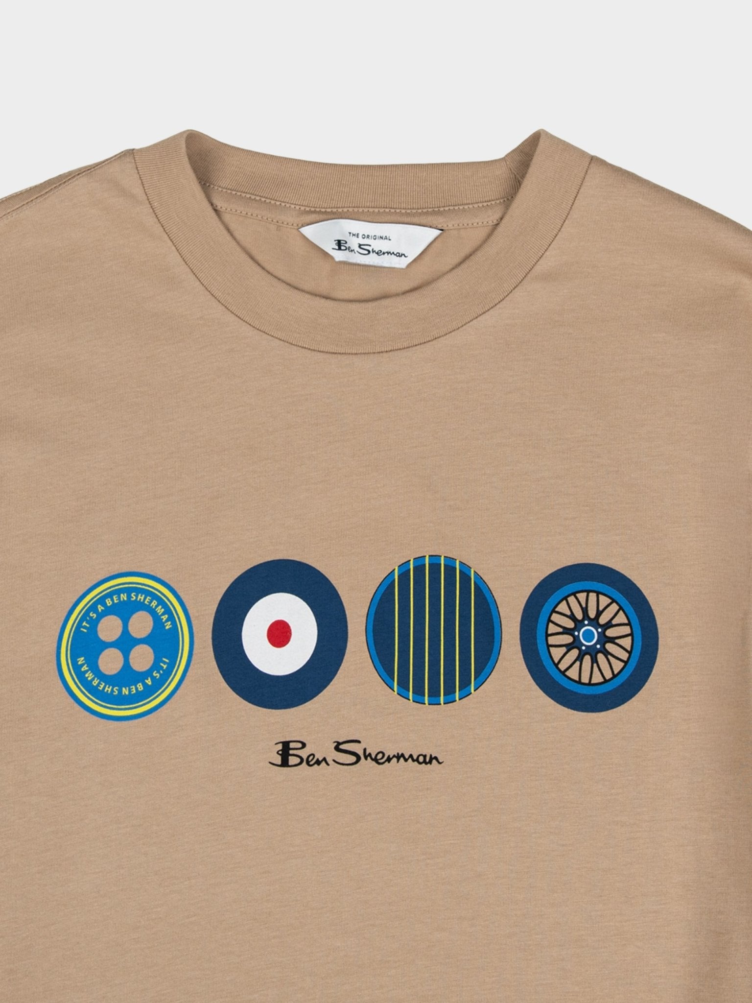 Close-up of Ben Sherman It's a Ben Sherman Tee Cornstalk – detail of mod-heritage graphic print featuring British-inspired design icons