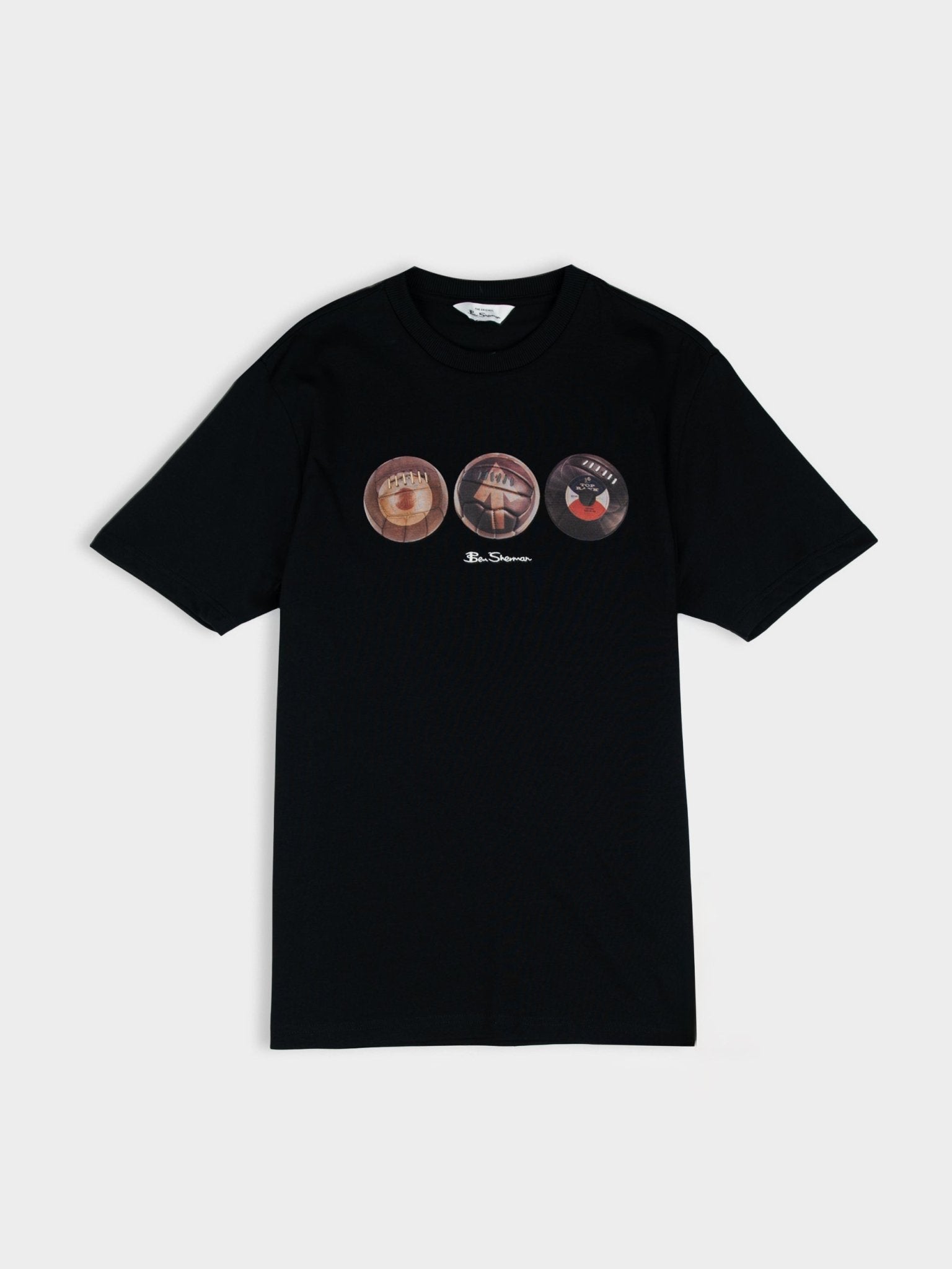 Ben Sherman 3 Ball Tee in Black – men's graphic cotton crew neck t-shirt with mod-inspired three ball chest print, front view