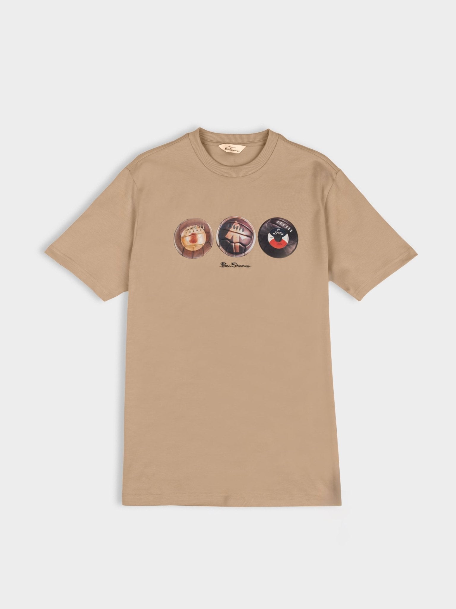 Ben Sherman 3 Ball Tee in Corn Stalk – men's graphic cotton crew neck t-shirt with mod-inspired three ball chest print, front view