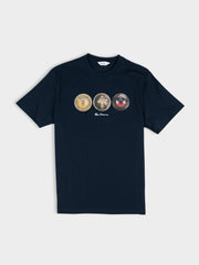Ben Sherman 3 Ball Tee in Navy – men's graphic cotton crew neck t-shirt with mod-inspired three ball chest print, front view
