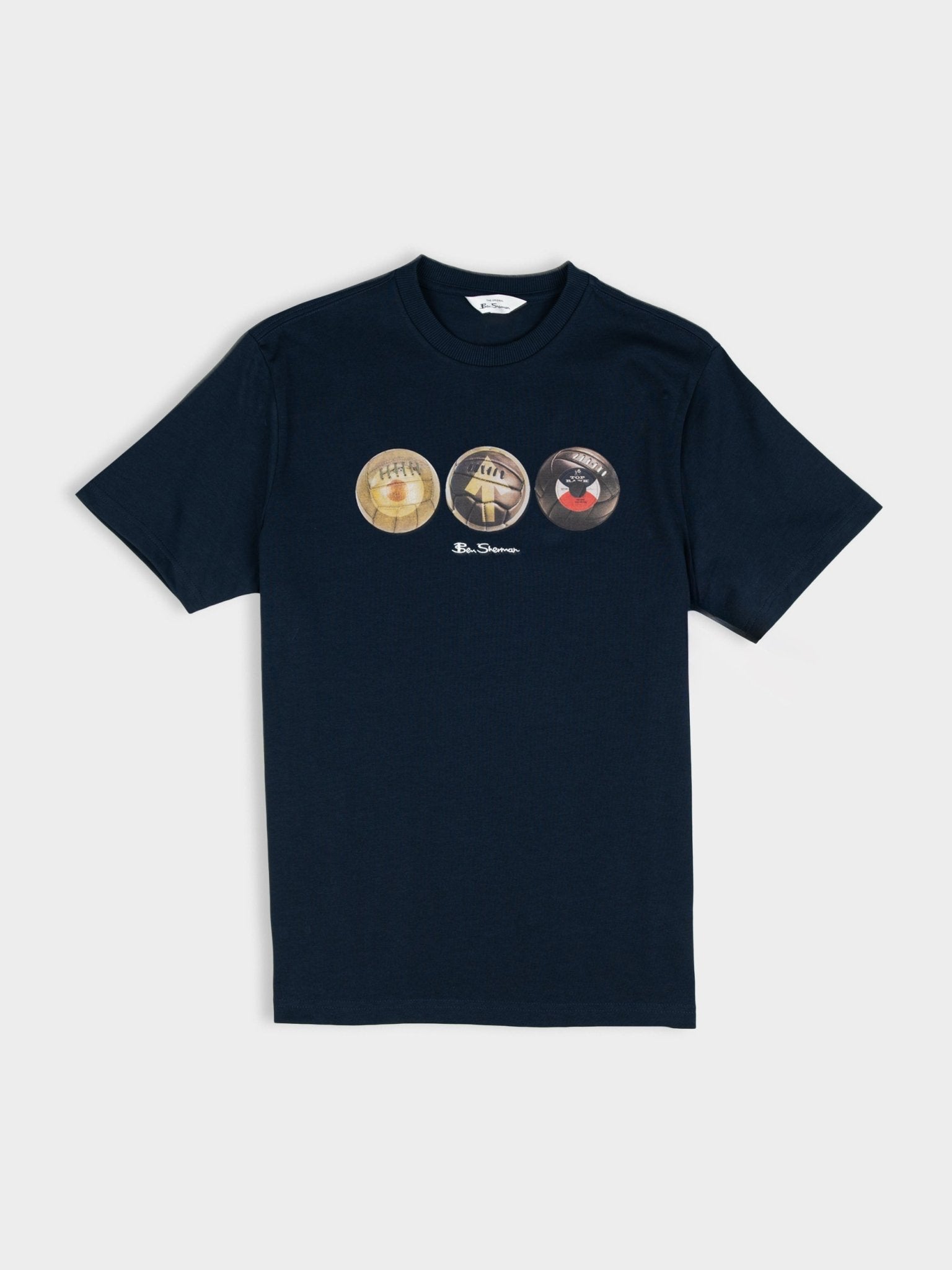 Ben Sherman 3 Ball Tee in Navy – men's graphic cotton crew neck t-shirt with mod-inspired three ball chest print, front view
