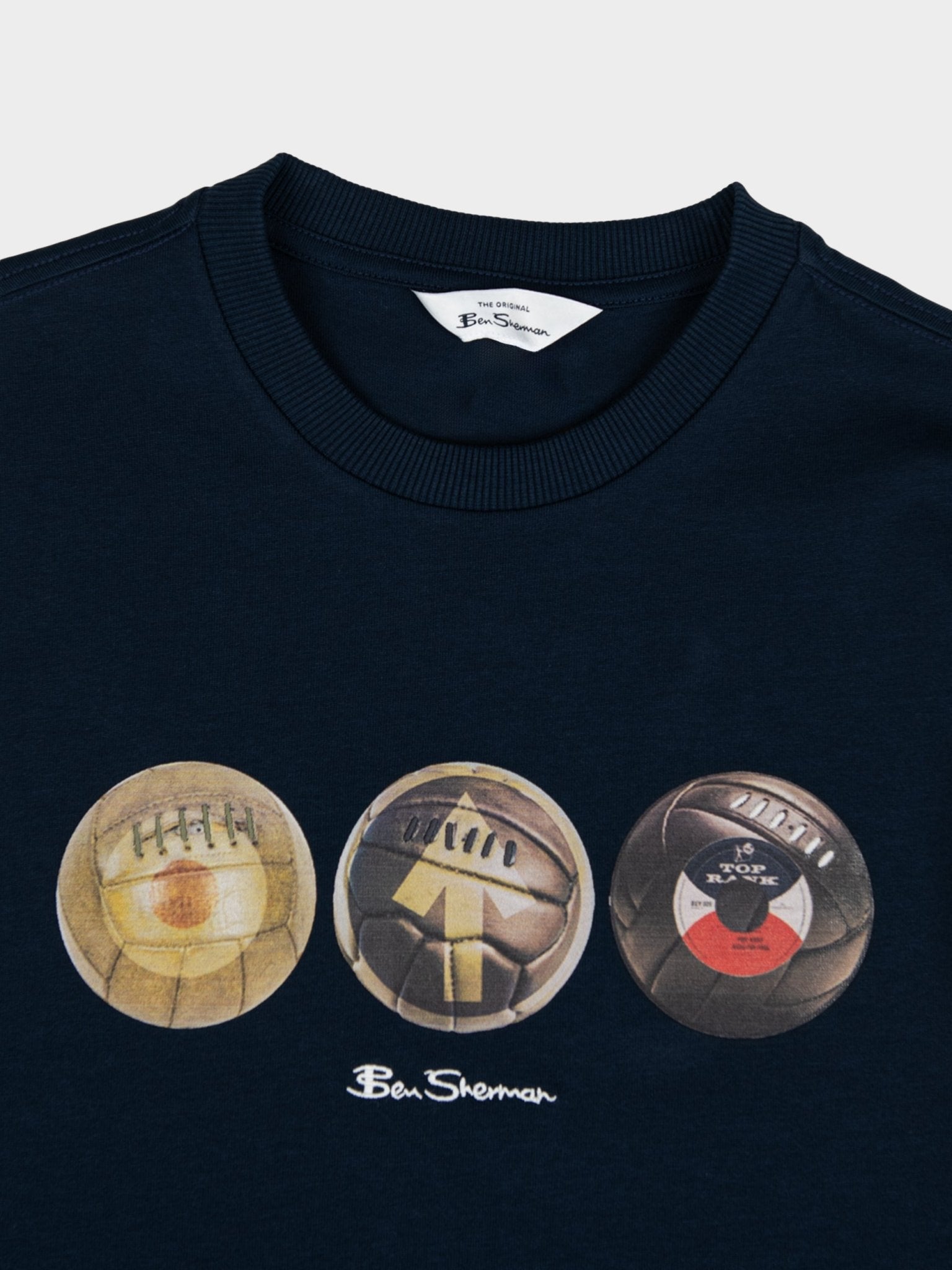 Close-up of Ben Sherman 3 Ball Tee chest graphic in Navy – three mod-inspired ball motifs with Ben Sherman branding on navy cotton fabric