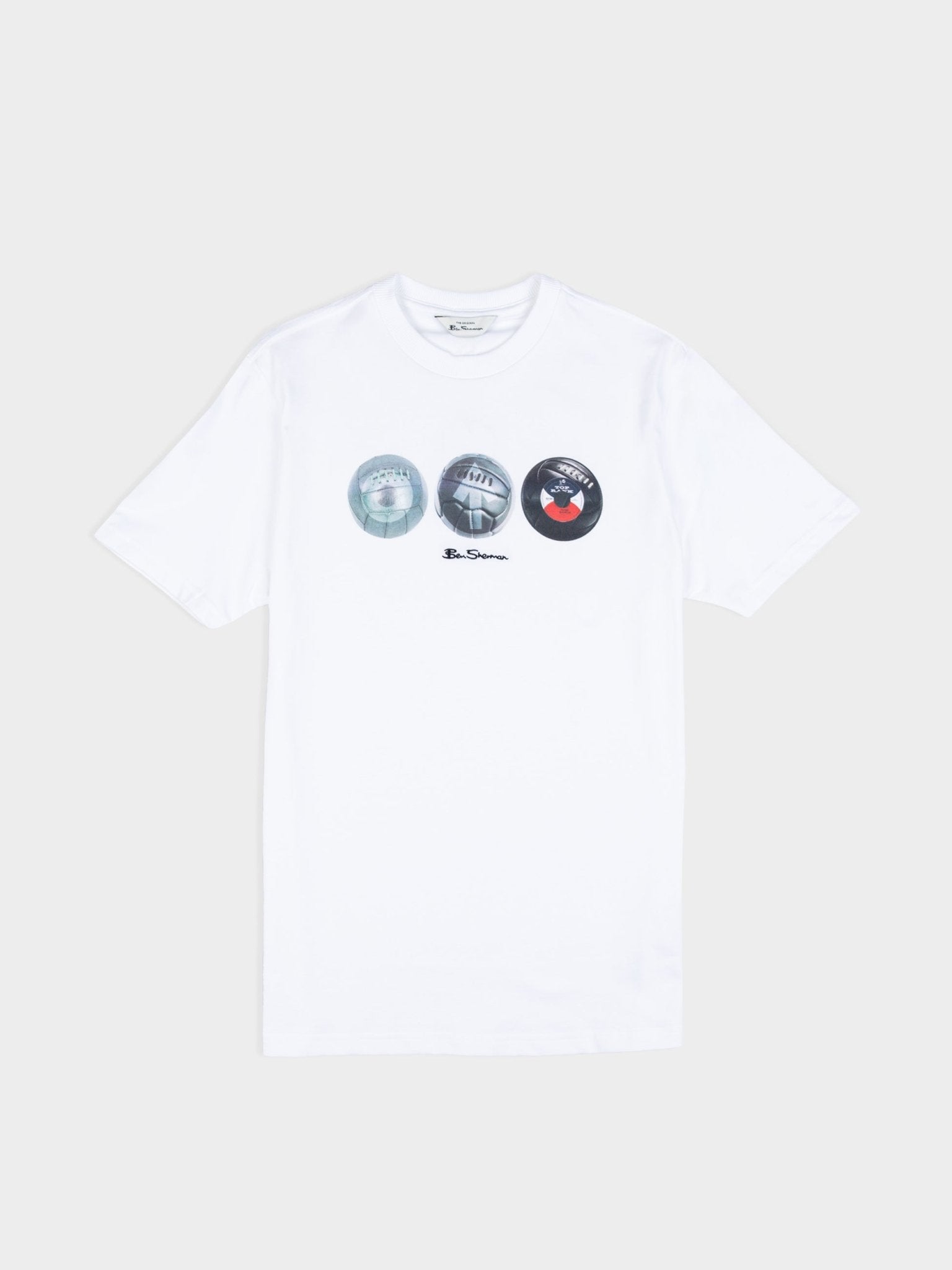 Ben Sherman 3 Ball Tee in White – men's graphic cotton crew neck t-shirt with mod-inspired three ball chest print, front view