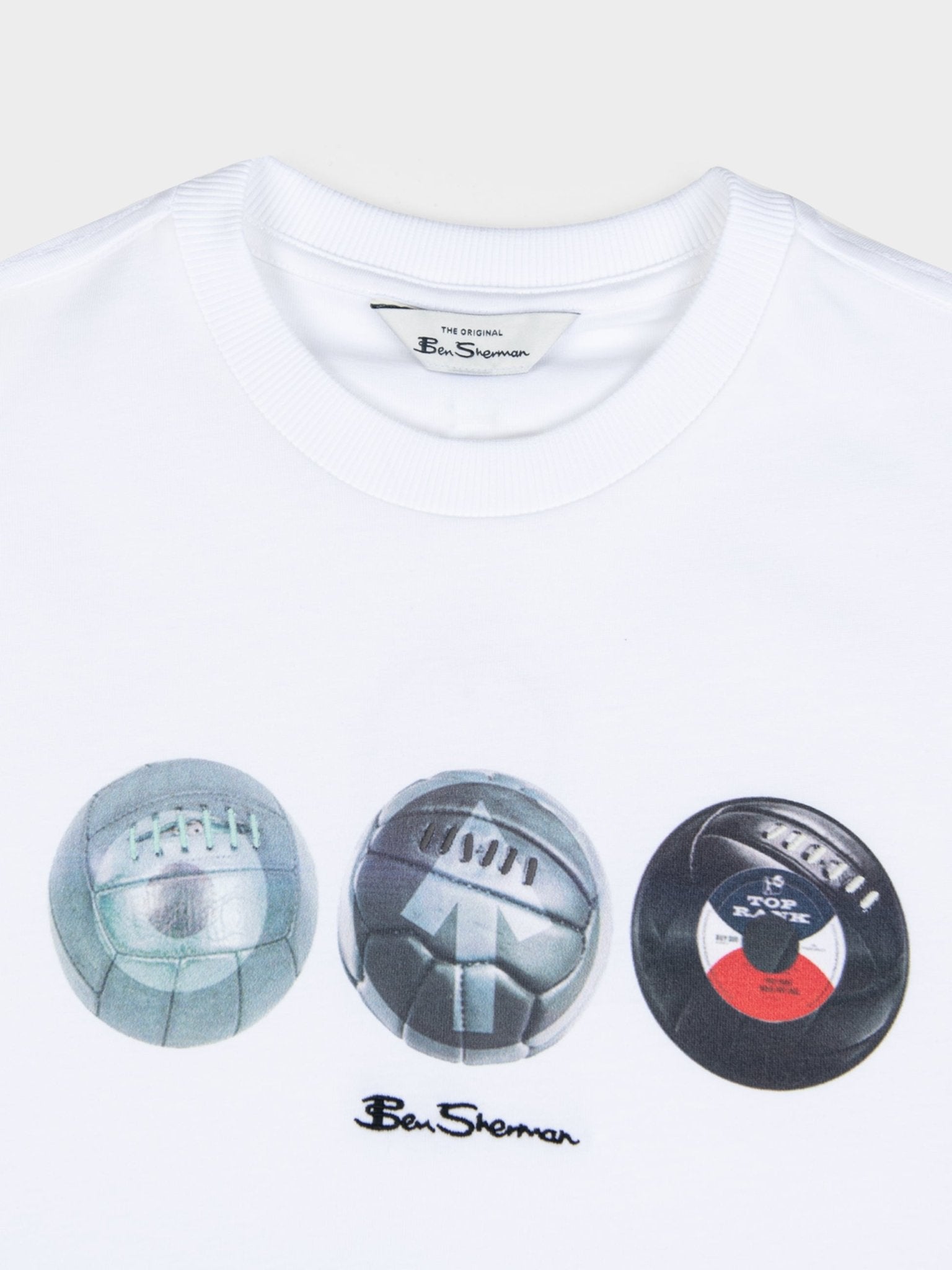 Close-up of Ben Sherman 3 Ball Tee chest graphic in White – three mod-inspired ball motifs with Ben Sherman branding on white cotton fabric