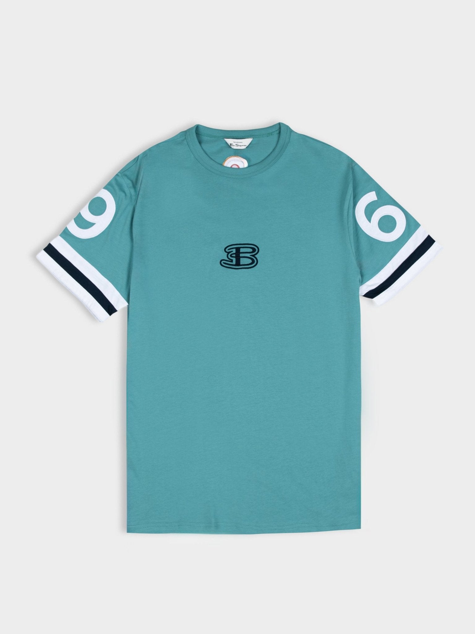 Ben Sherman Athleisure Tee in Aqua Teal – embroidered B logo, contrast stripe sleeves, cotton regular fit men's t-shirt