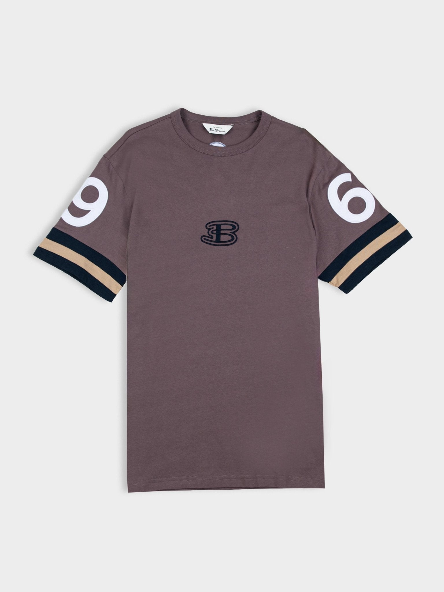 Ben Sherman Athleisure Tee in Cocoa Powder – embroidered B logo, contrast stripe sleeves, cotton regular fit men's t-shirt