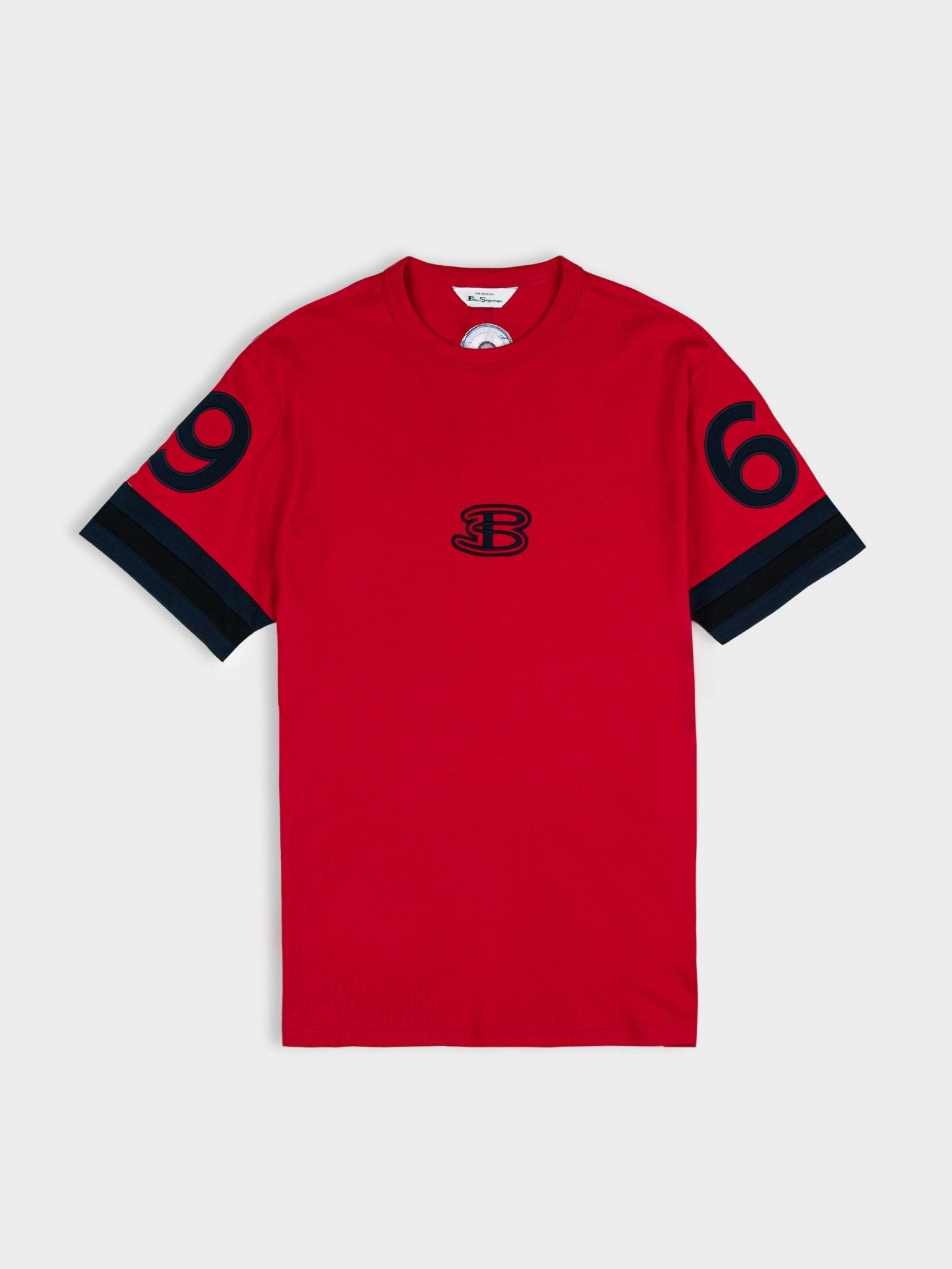 Ben Sherman Athleisure Tee in Red – embroidered B logo, contrast stripe sleeves, cotton regular fit men's t-shirt