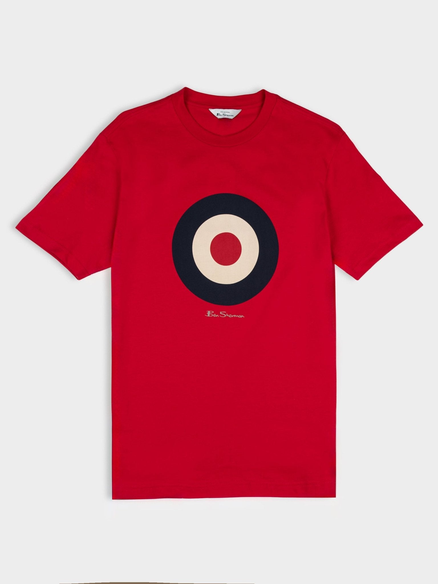 Ben Sherman Target Tee in Red - flat lay product shot showing iconic target logo print on short-sleeve crewneck t-shirt