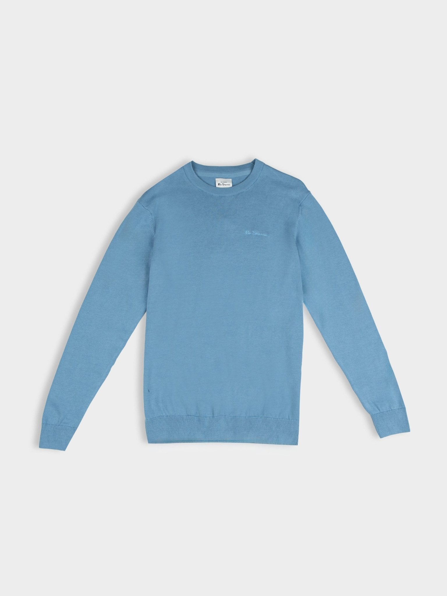 Ben Sherman Crew Neck Knit sweater in Blissful Blue, front view showing classic fit with ribbed crew neck and cuffs