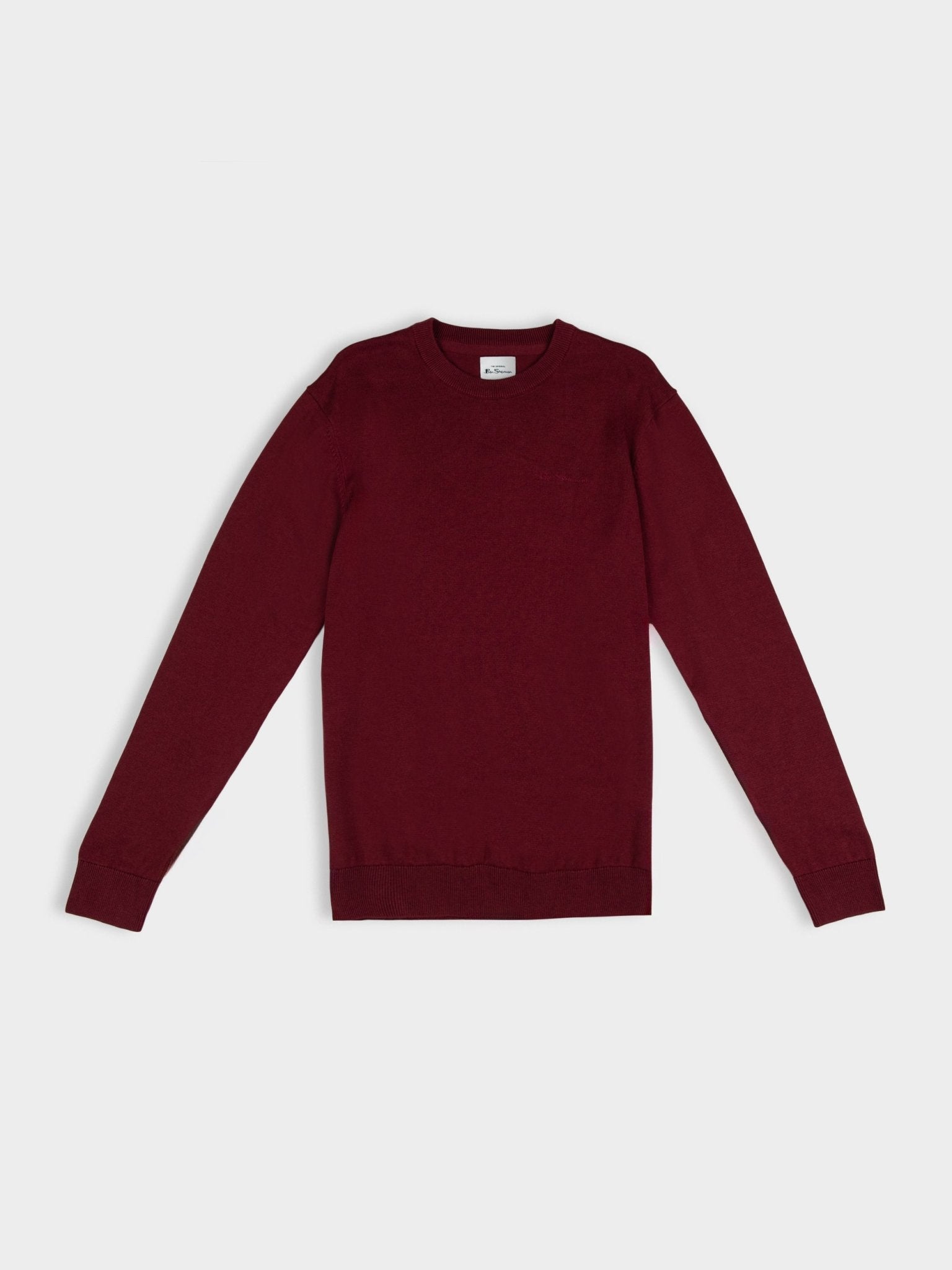 Ben Sherman Crew Neck Knit sweater in Berry, front view showing classic fit with ribbed crew neck and cuffs