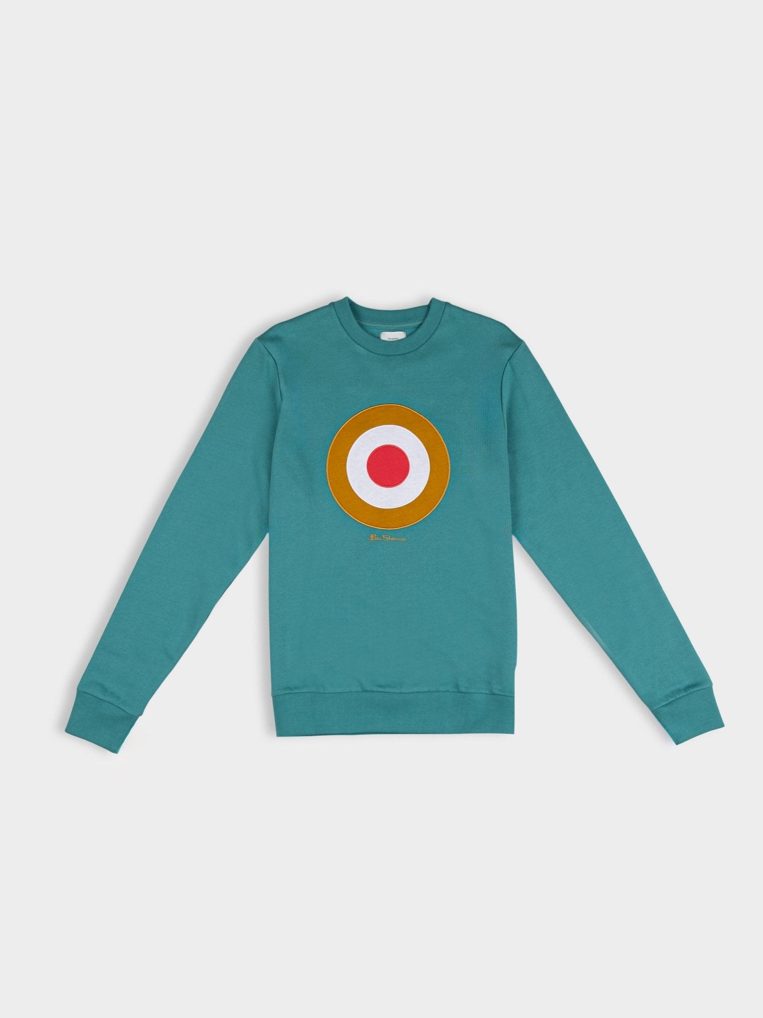 Ben Sherman Target EMB Crew Fleece in Aqua Teal, front view showing embroidered target logo on chest, crew neck and long sleeves
