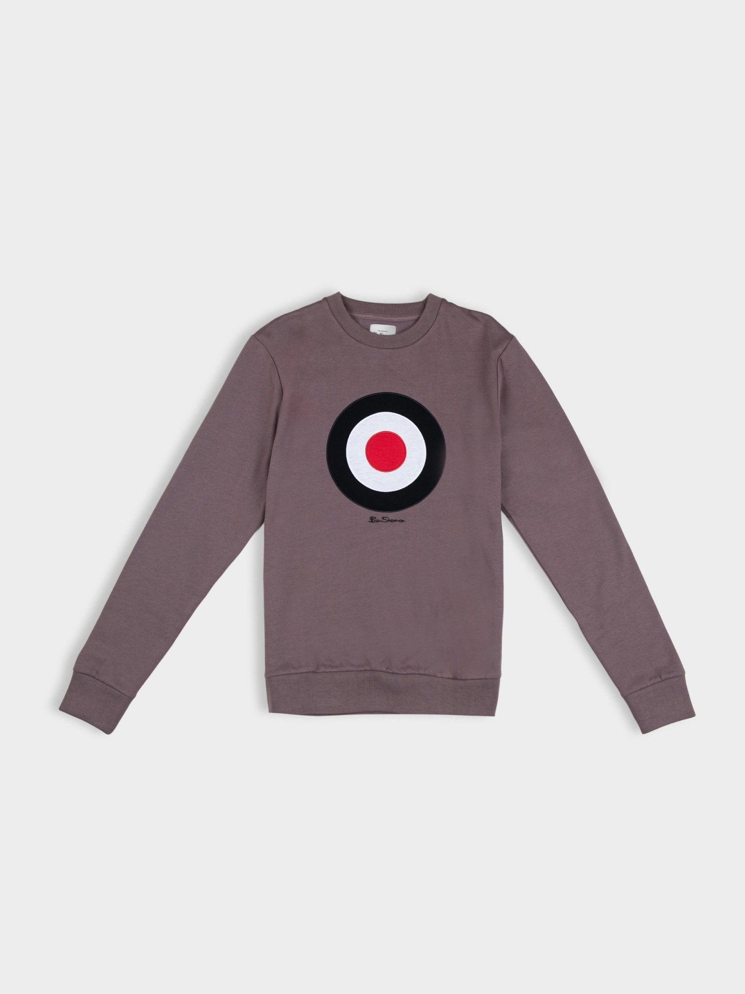 Ben Sherman Target EMB Crew Fleece in Cocoa Powder, front view showing embroidered target logo on chest, crew neck and long sleeves