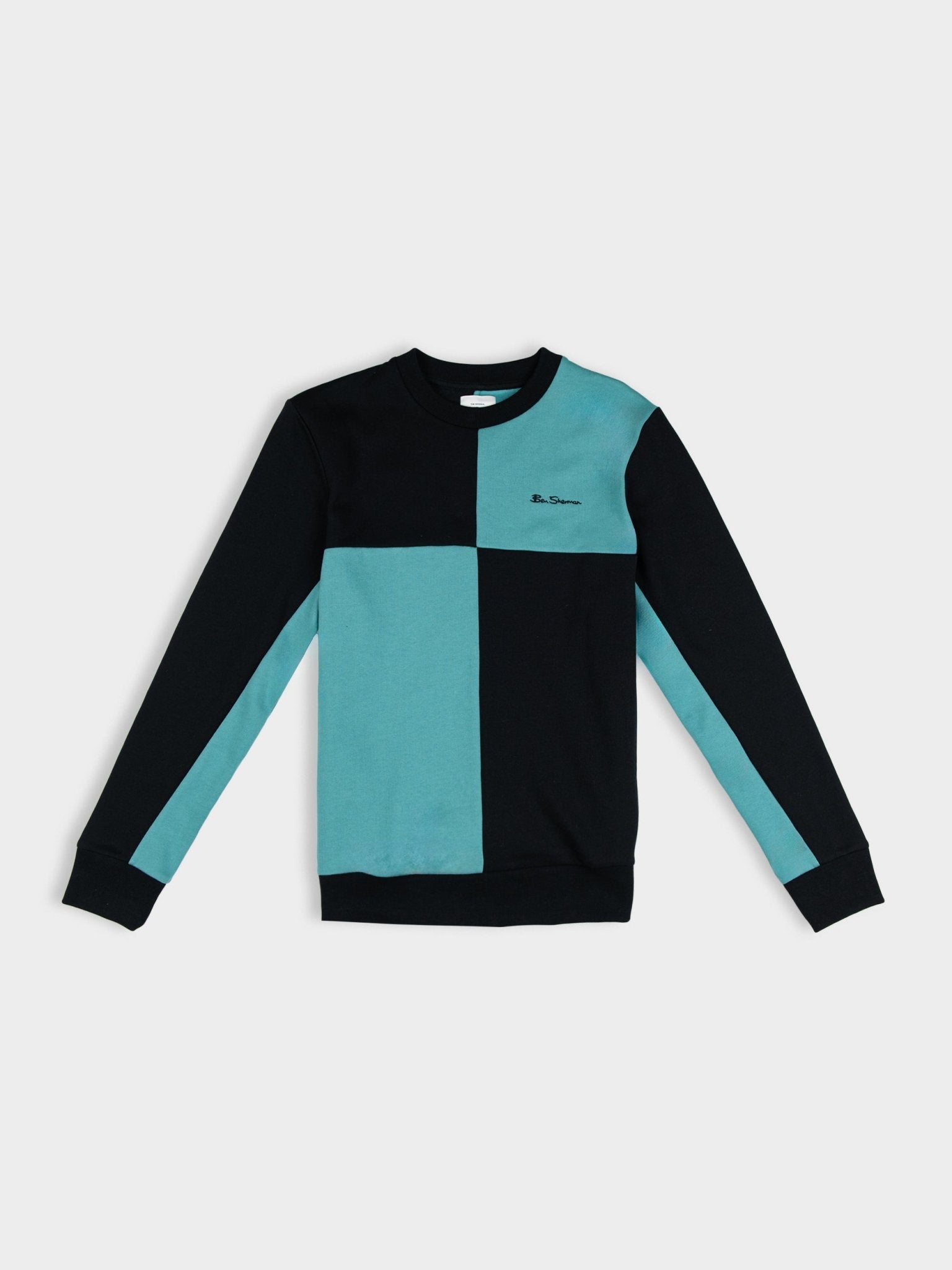 Ben Sherman men's colour block panel crew neck sweater in Aqua Teal – bold colour-blocked cotton knit with ribbed cuffs, hem and neckline, plus signature embroidered Ben Sherman target logo