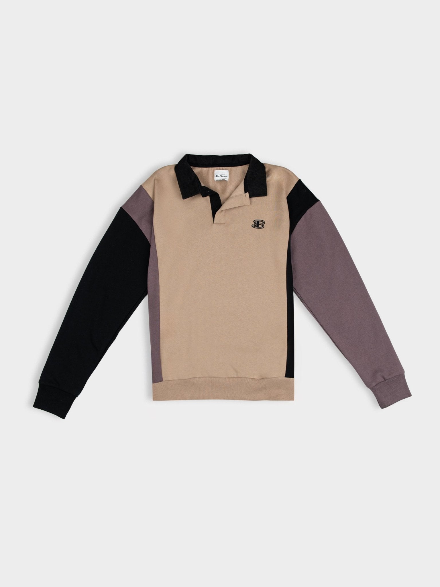 Ben Sherman men's B polo collar sweater in Cornstalk – colour-blocked cotton knit with contrast panels, polo collar, ribbed cuffs and embroidered B logo on chest