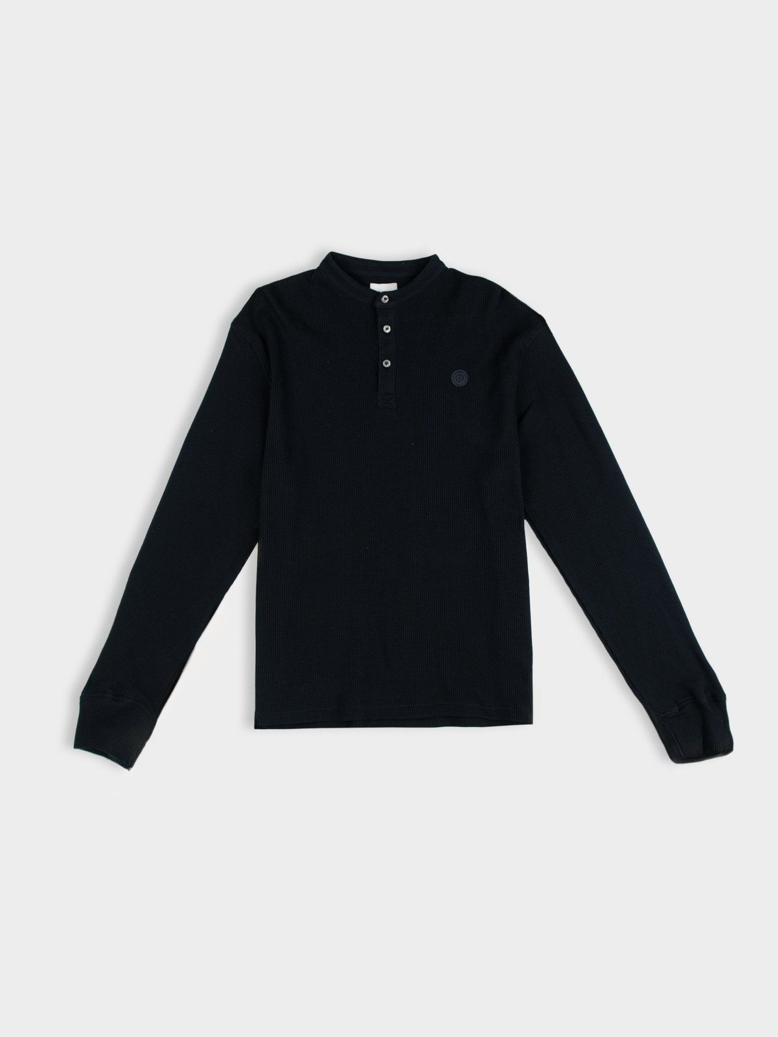 Ben Sherman WKNT4000 Henley Long Sleeve Waffle Knit in Black – textured cotton waffle knit top with button henley neckline and tonal target logo, front view