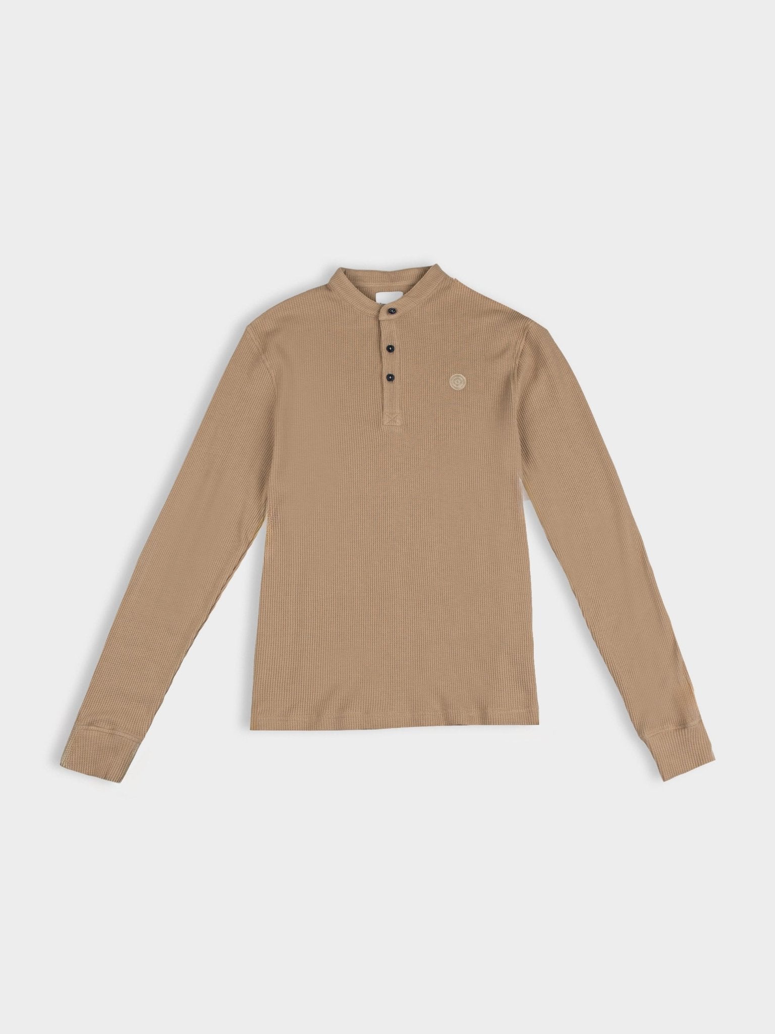 Ben Sherman WKNT4000 Henley Long Sleeve Waffle Knit in Cornstalk – textured cotton waffle knit top with button henley neckline and tonal target logo, front view
