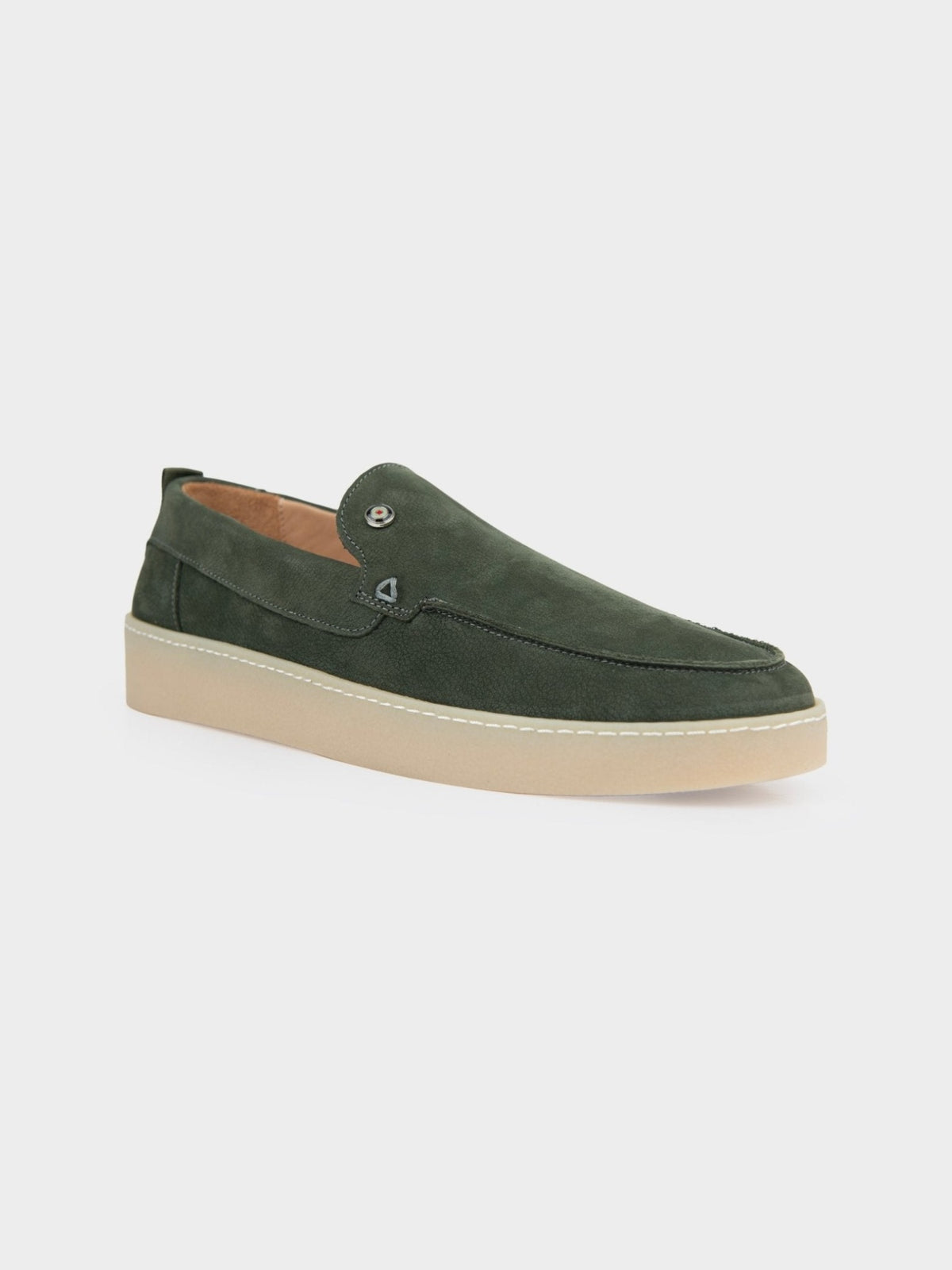 Ben Sherman William olive suede slip-on loafer – three-quarter front angle