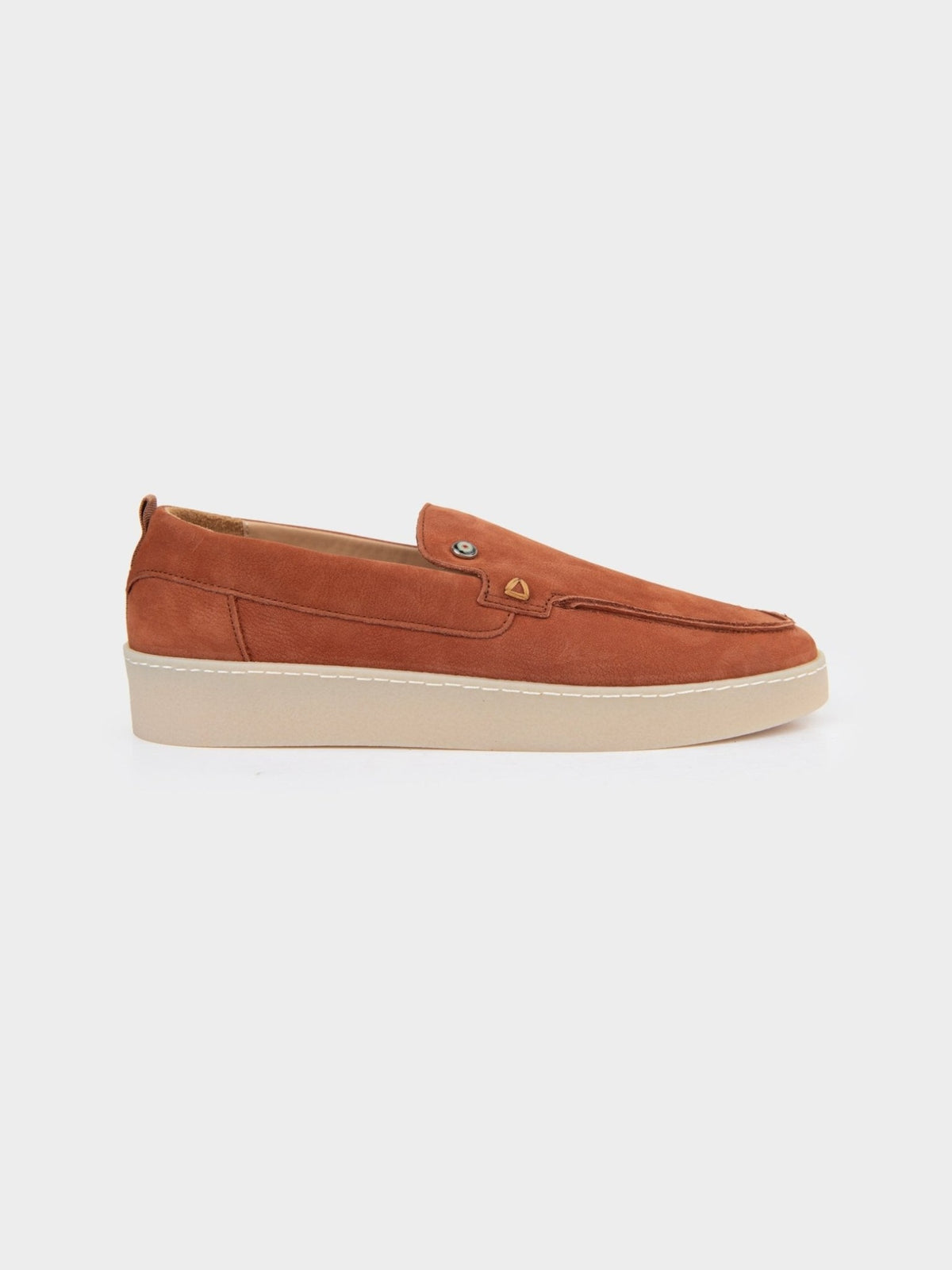 Ben Sherman William Leather Slip On in Rust, side profile showing the slip-on loafer silhouette and contrast cup sole