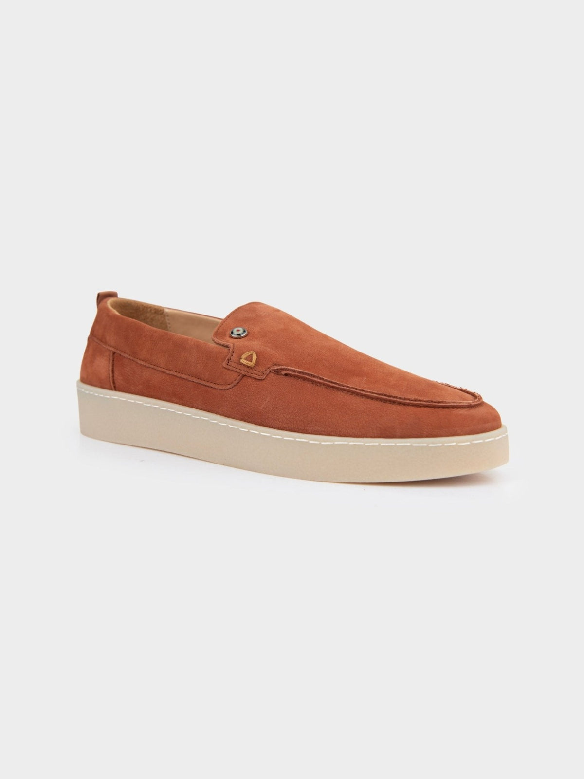 Ben Sherman William Leather Slip On in Rust, three-quarter angle view highlighting the suede leather upper and metal trim detail