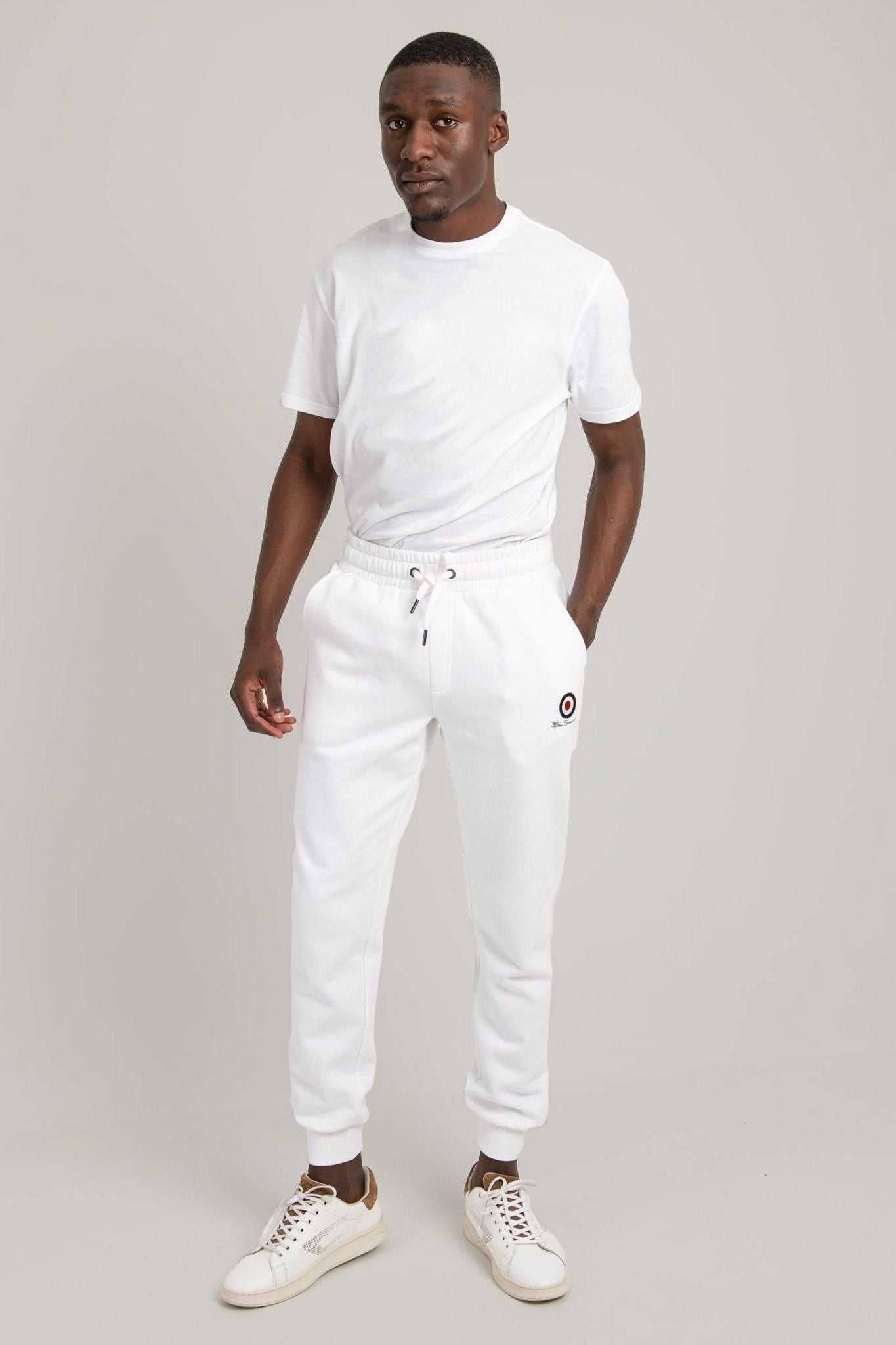 Ben Sherman WBSJ01 WHT Target EMB Jogger in White – Men's Full Body Shot with White Cotton T-Shirt