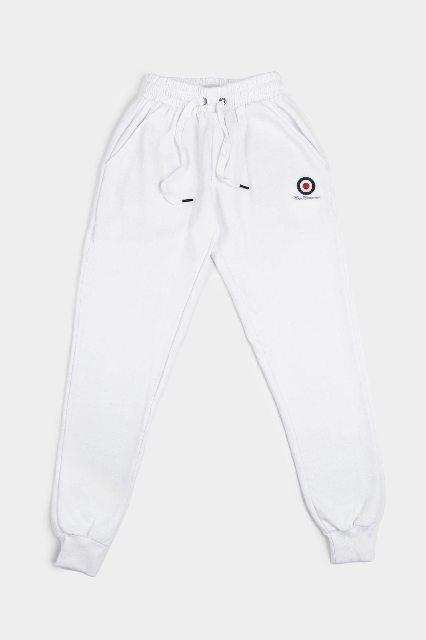 Ben Sherman WBSJ01 WHT Target EMB Jogger in White – Flat Lay Product Shot, Drawstring Waist, Elasticated Cuffs